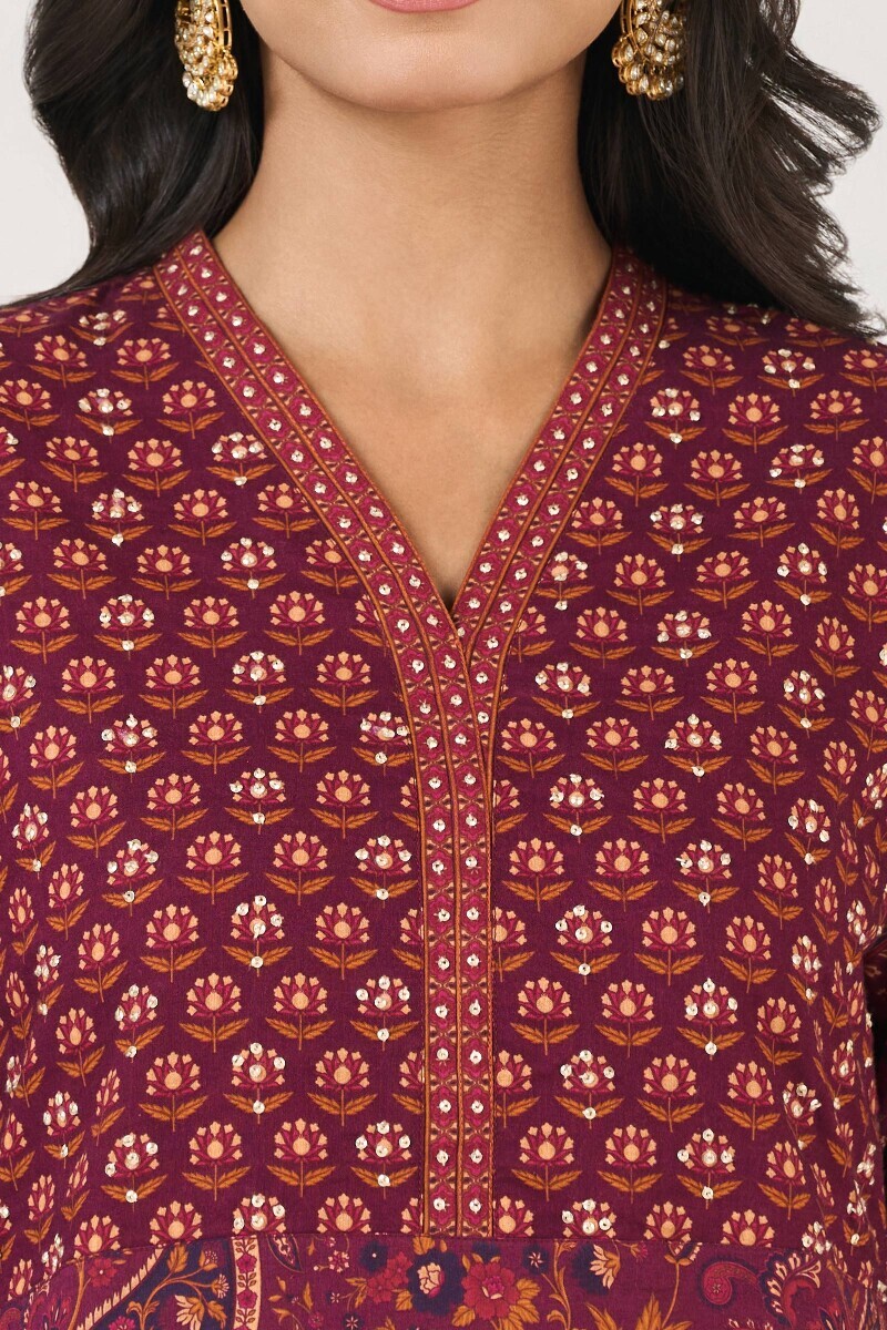 Purple Printed Straight Cotton Kurta