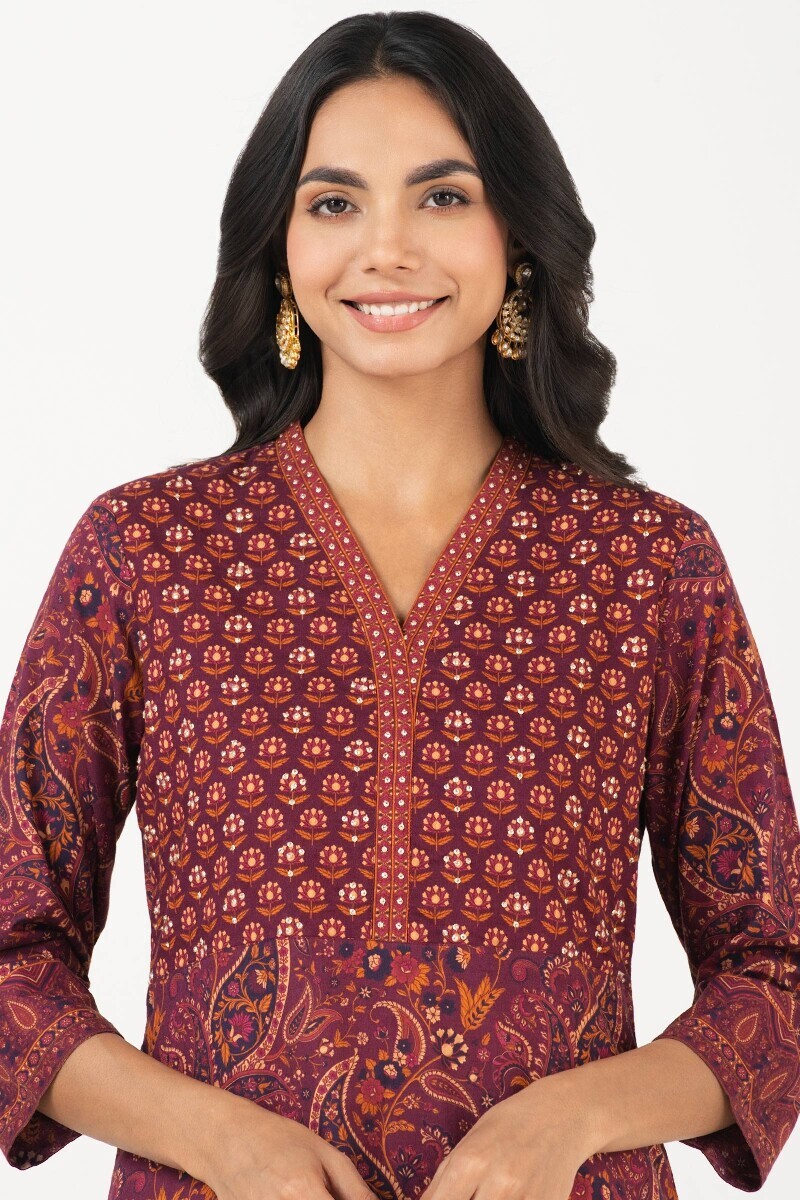 Purple Printed Straight Cotton Kurta