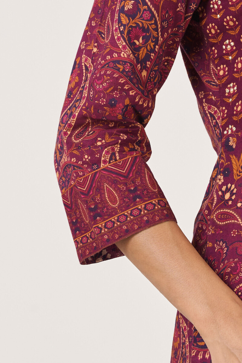 Purple Printed Straight Cotton Kurta