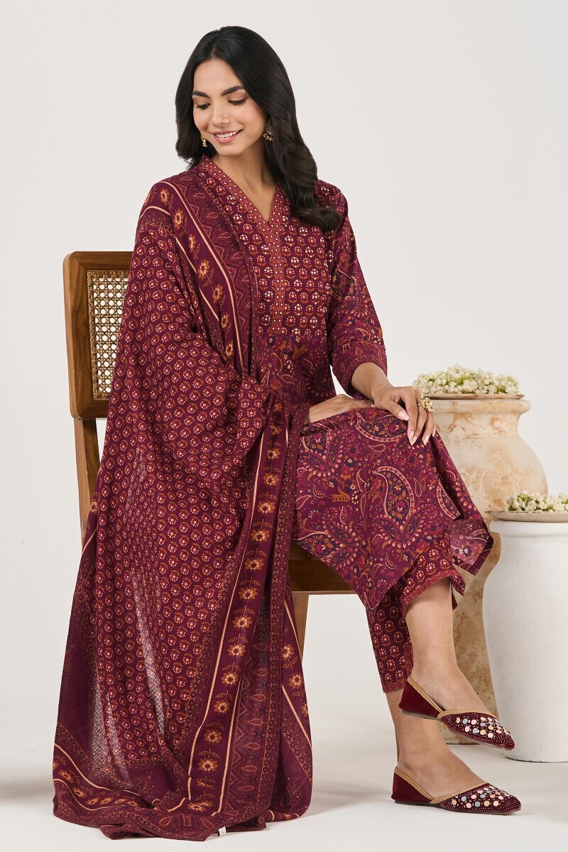 Purple Printed Straight Cotton Kurta