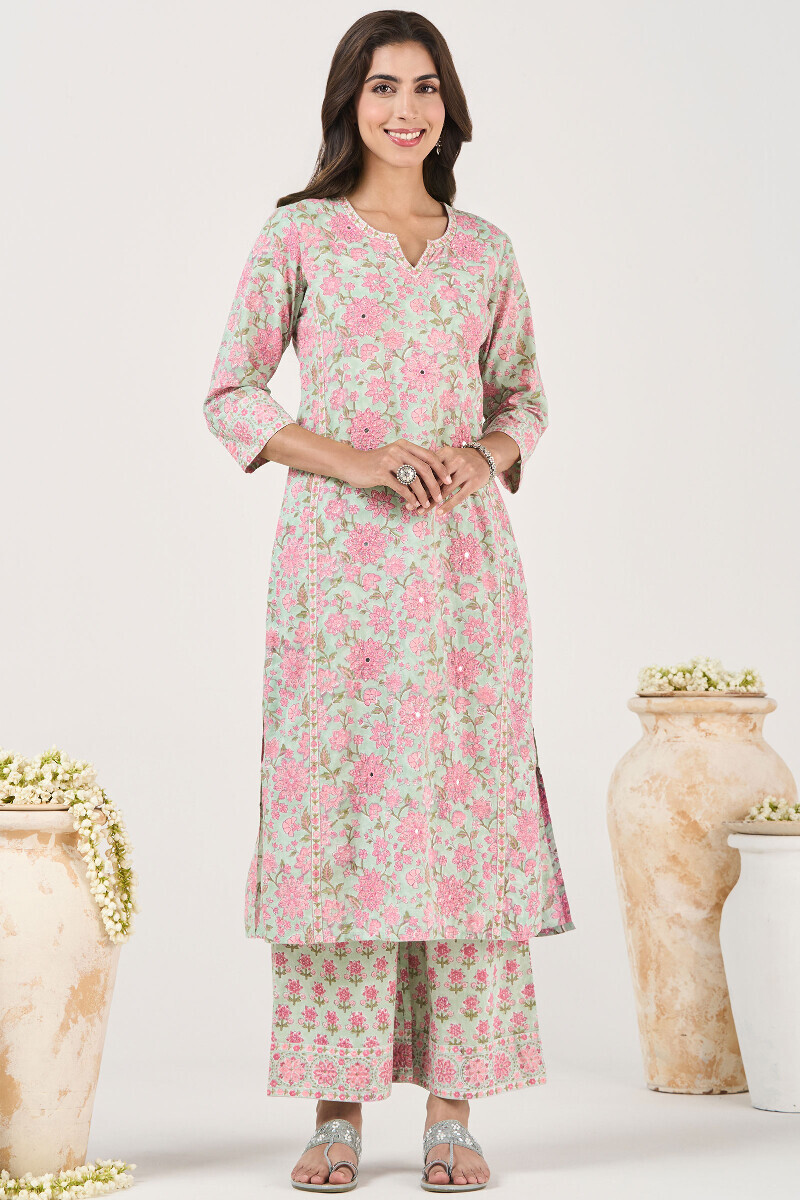 Green Hand Block Printed Straight Cotton Kurta