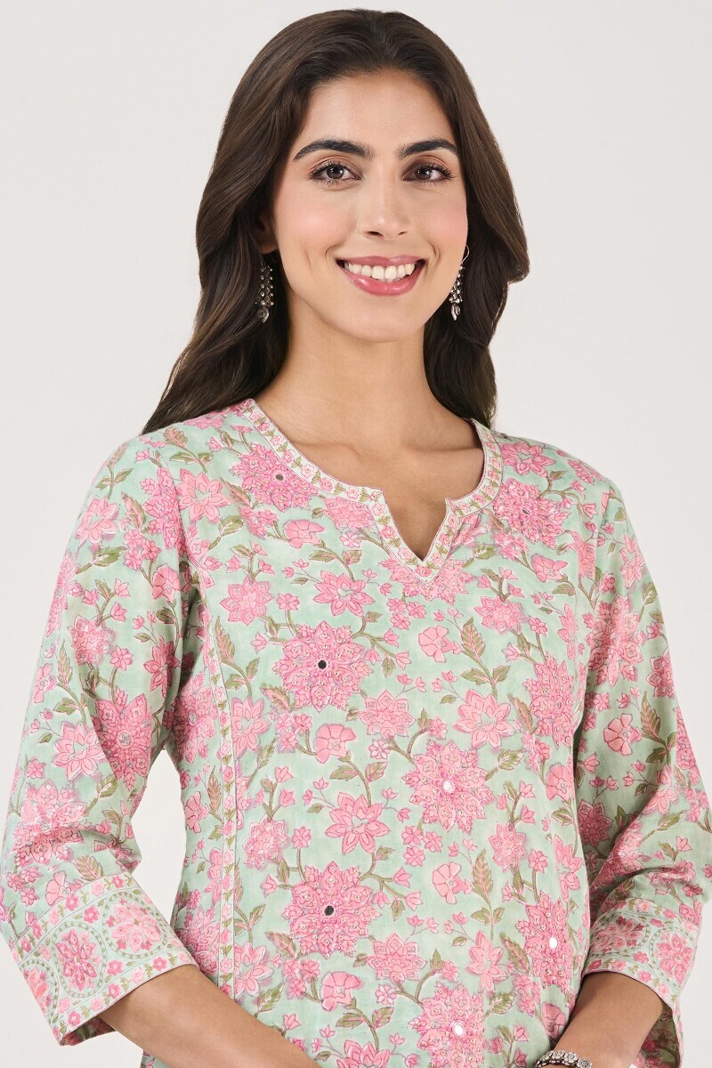 Green Hand Block Printed Straight Cotton Kurta