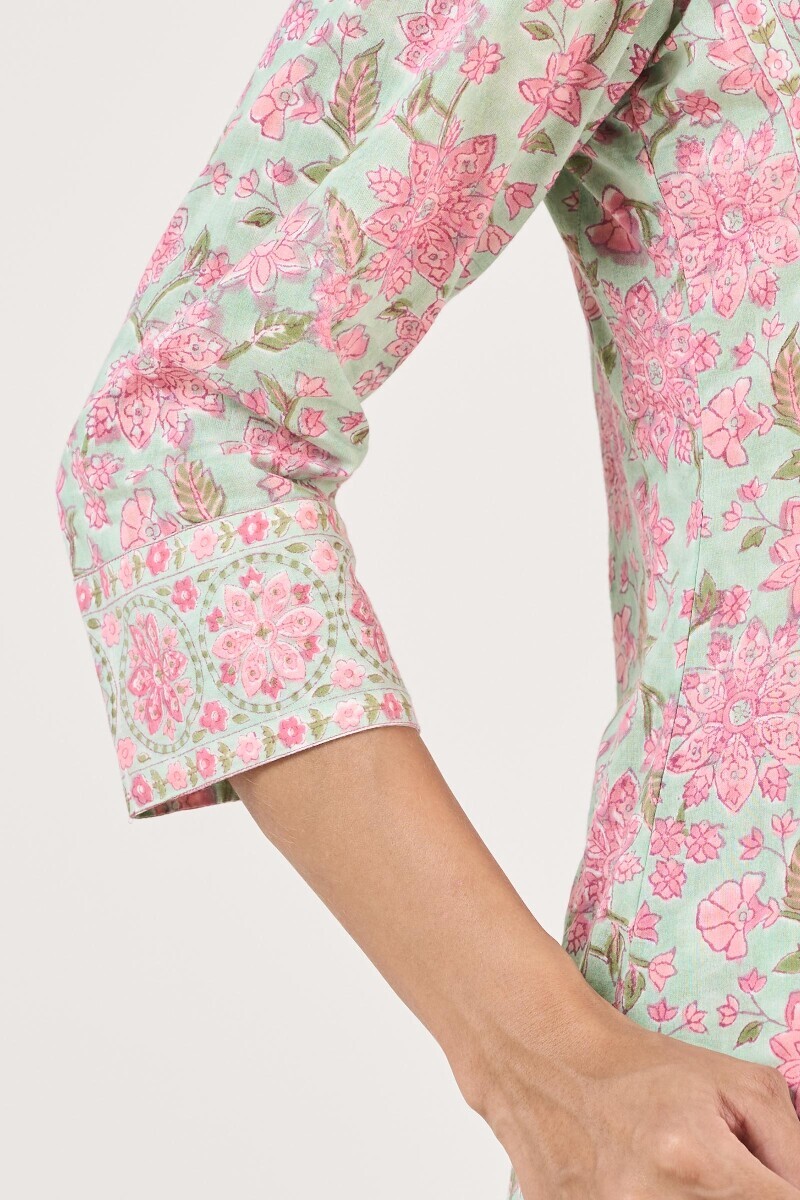 Green Hand Block Printed Straight Cotton Kurta