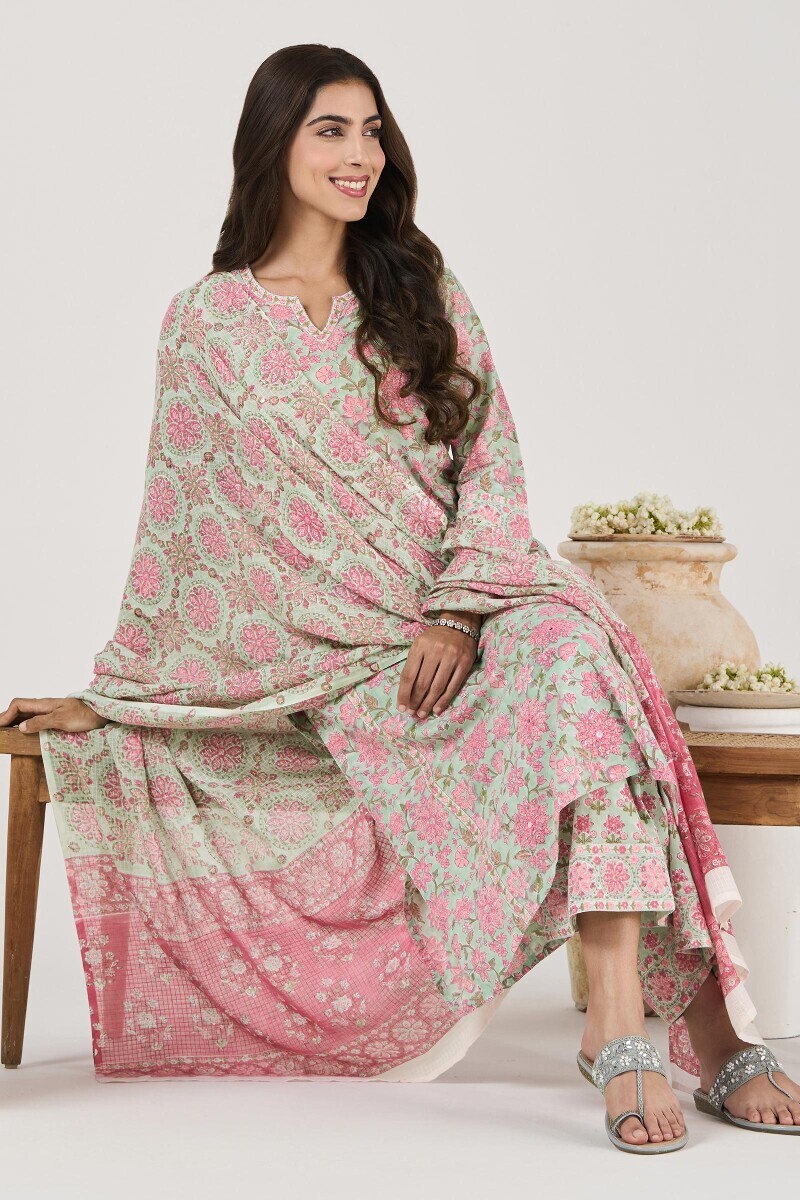 Green Hand Block Printed Straight Cotton Kurta