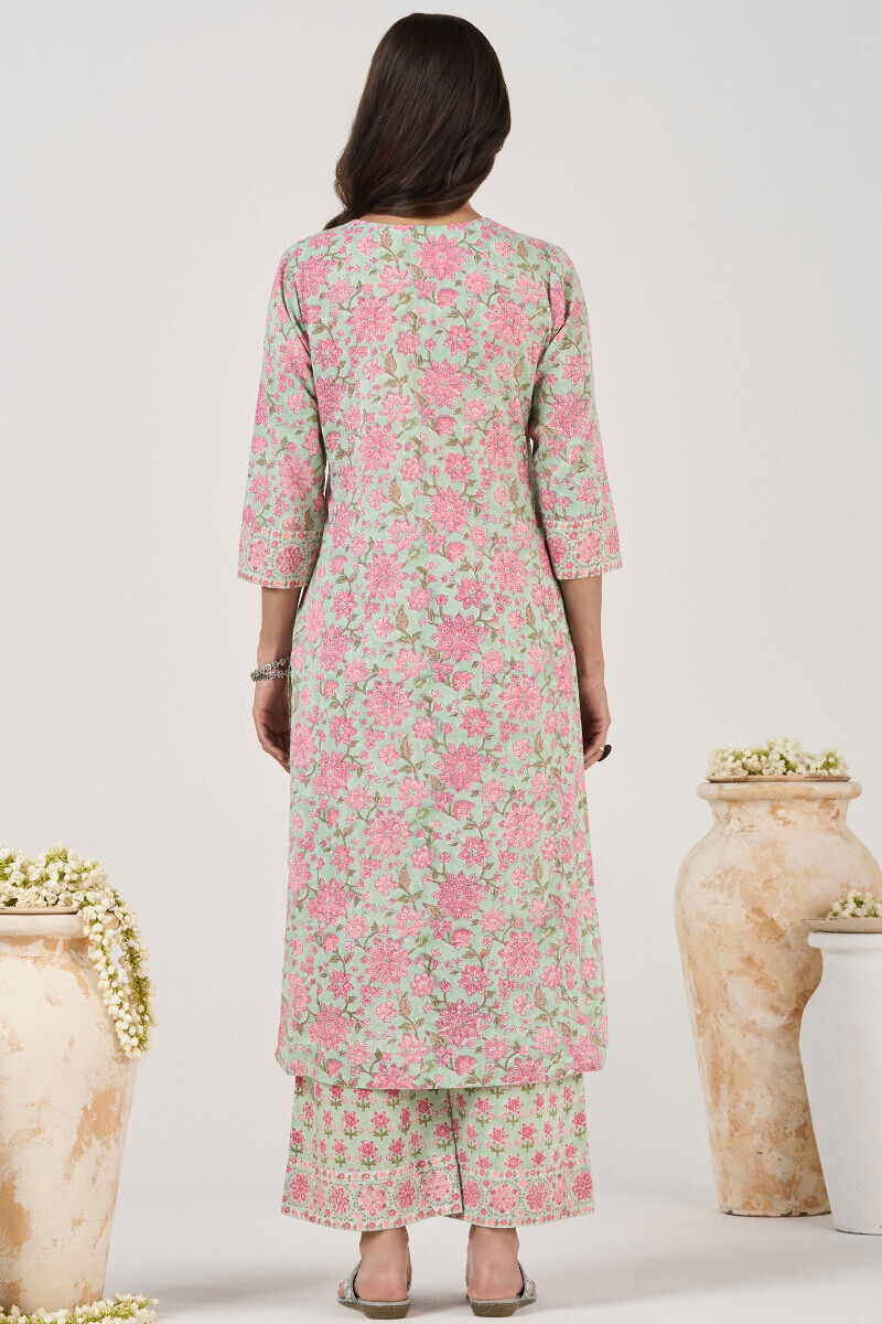 Green Hand Block Printed Straight Cotton Kurta