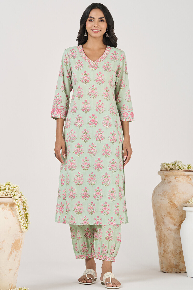 Green Hand Block Printed Straight Cotton Kurta