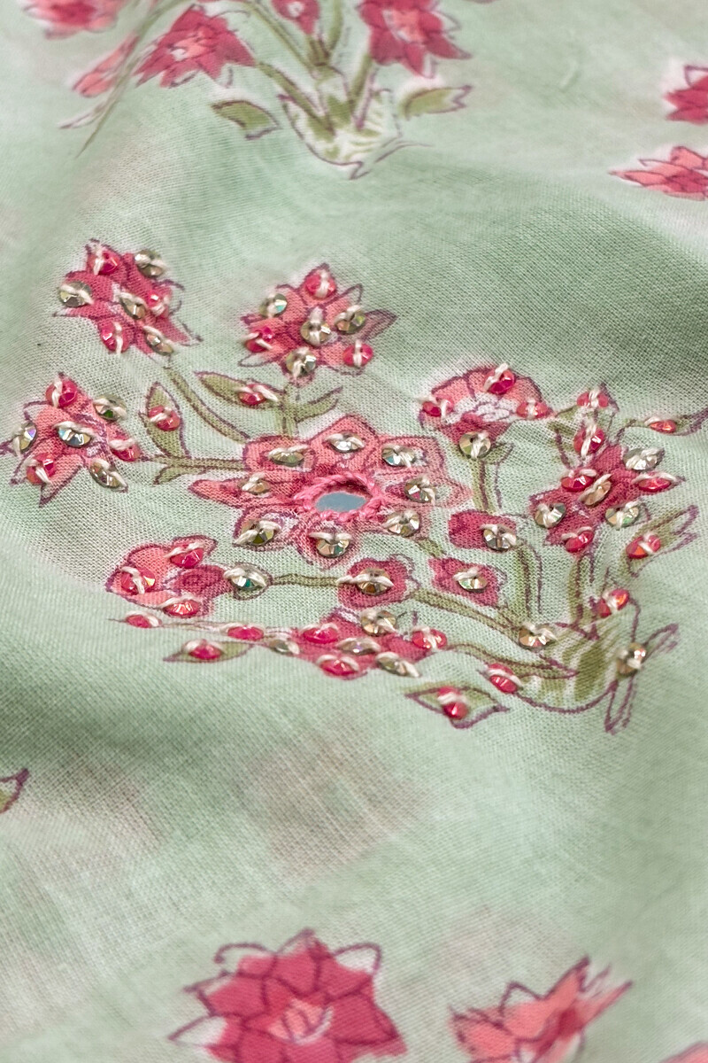 Green Hand Block Printed Straight Cotton Kurta