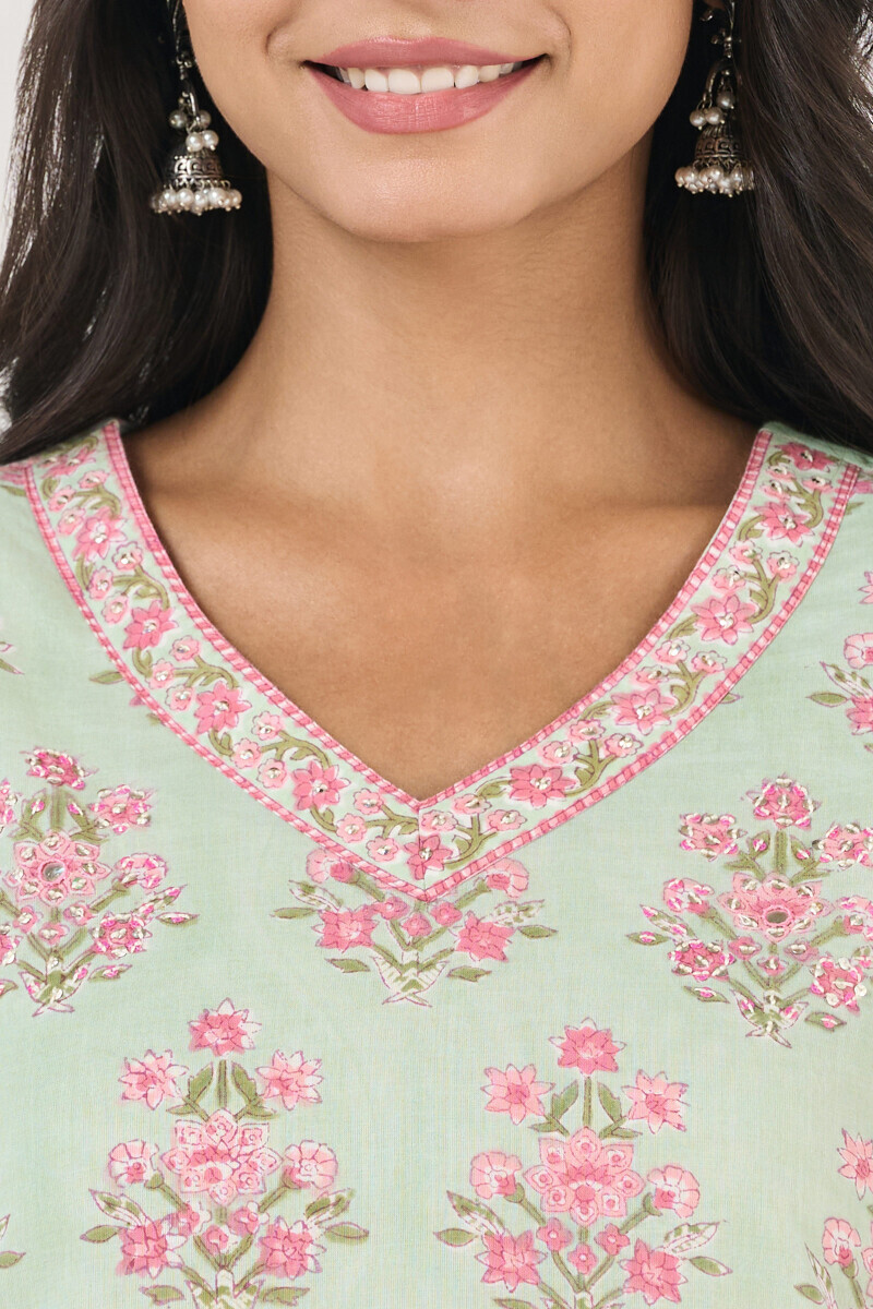 Green Hand Block Printed Straight Cotton Kurta