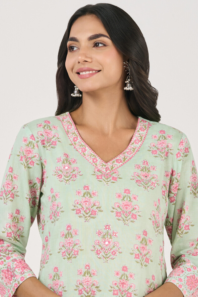 Green Hand Block Printed Straight Cotton Kurta