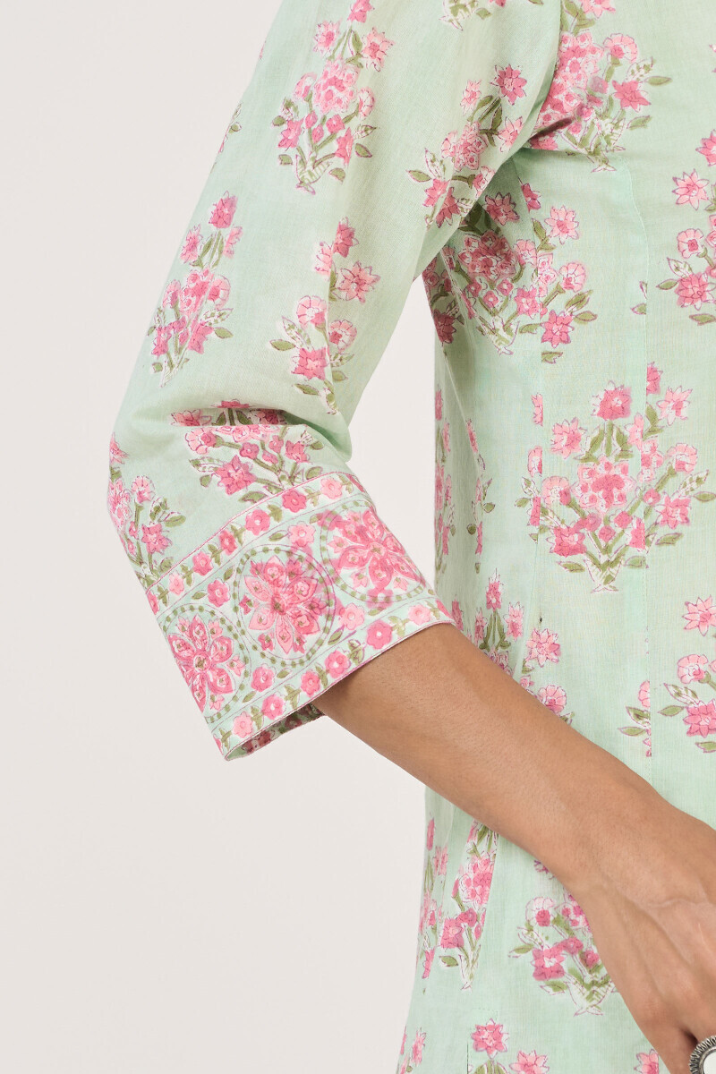 Green Hand Block Printed Straight Cotton Kurta