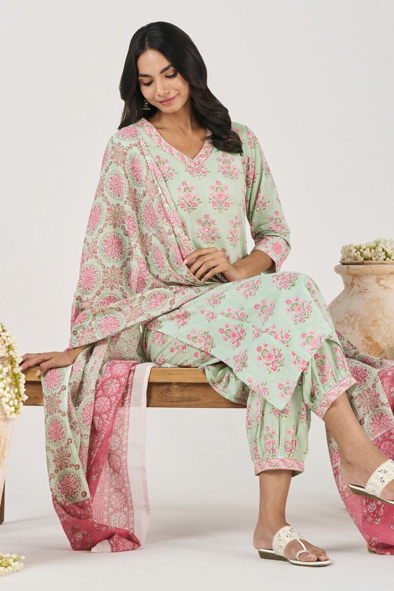 Green Hand Block Printed Straight Cotton Kurta