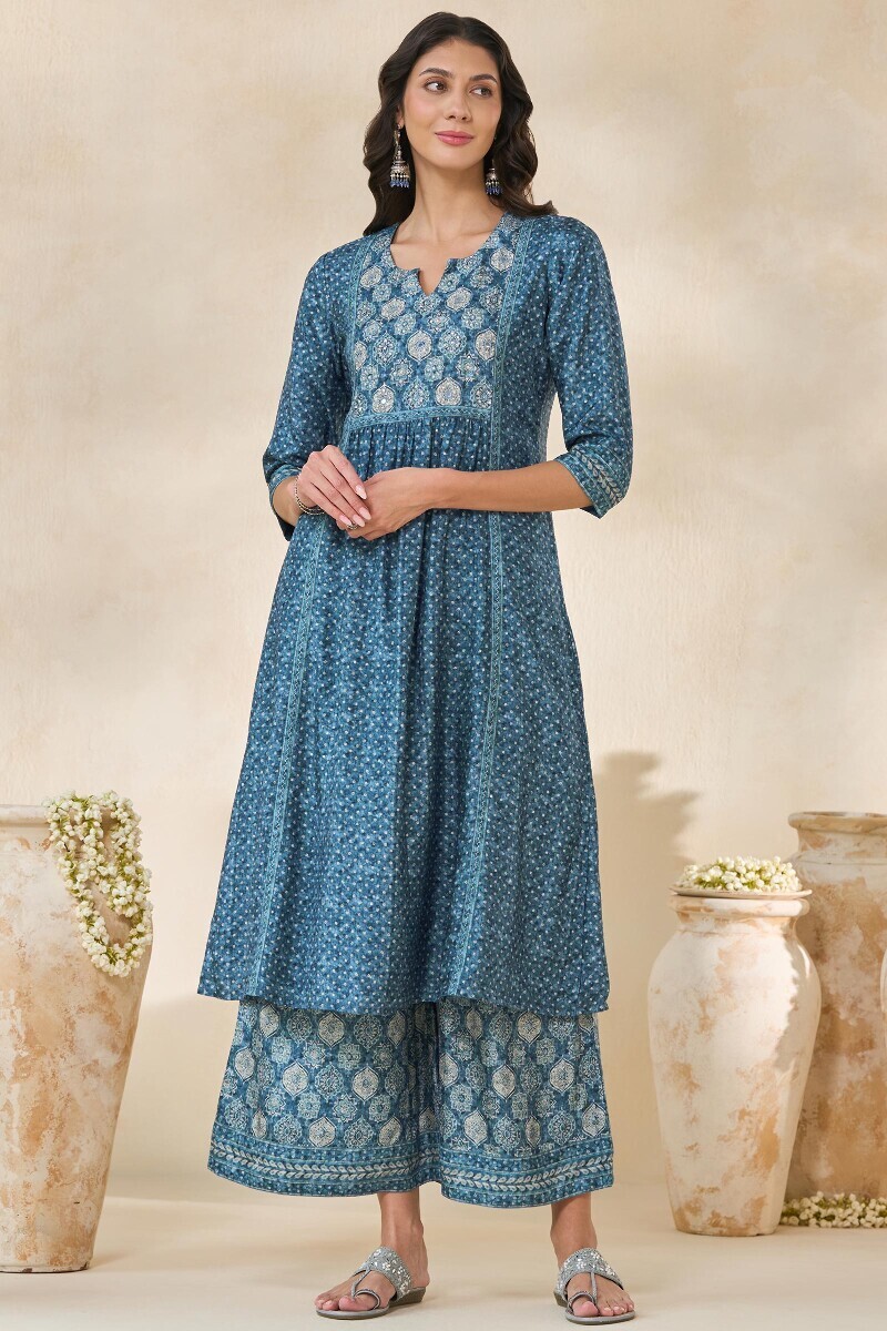 Blue Printed A-Line Dola Silk Kurta