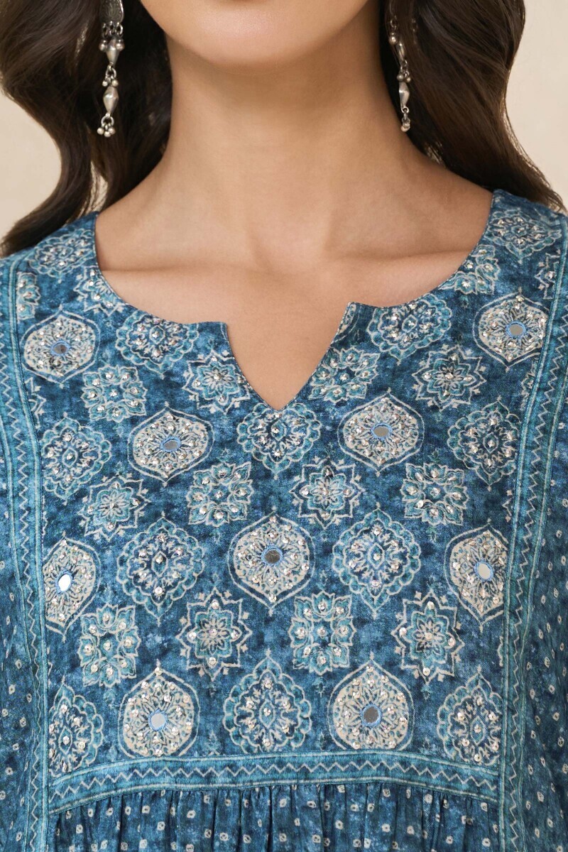 Blue Printed A-Line Dola Silk Kurta