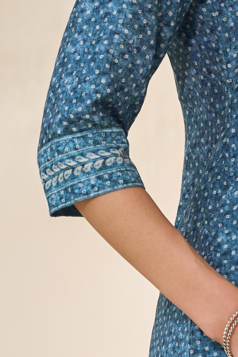 Blue Printed A-Line Dola Silk Kurta