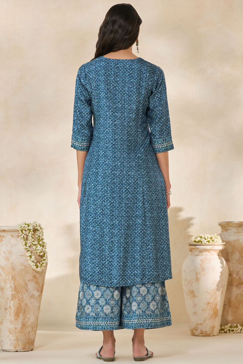 Blue Printed A-Line Dola Silk Kurta