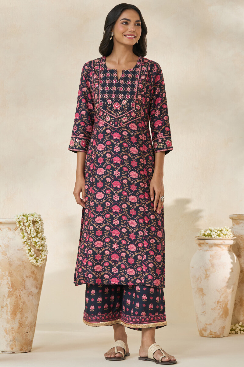 Black Printed Straight Dola Silk Kurta