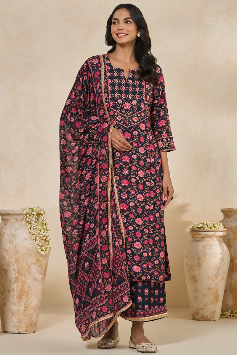 Black Printed Straight Dola Silk Kurta