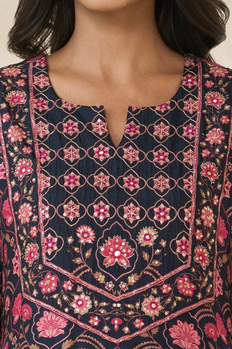 Black Printed Straight Dola Silk Kurta