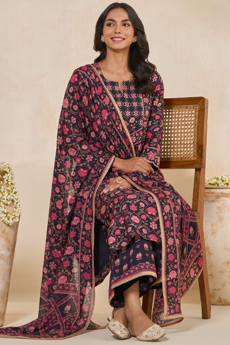Black Printed Straight Dola Silk Kurta