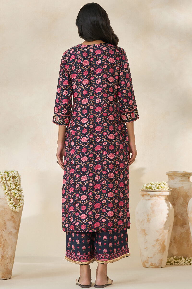 Black Printed Straight Dola Silk Kurta