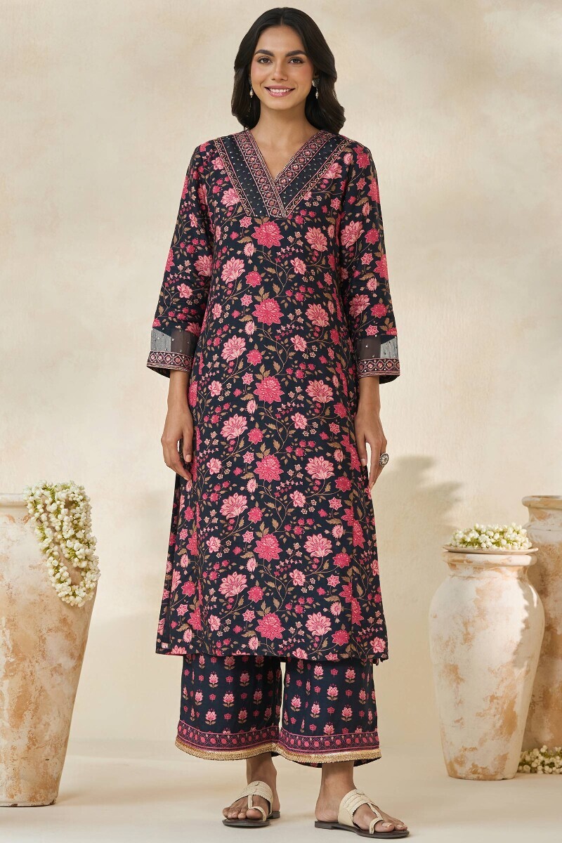 Black Printed Straight Dola Silk Kurta