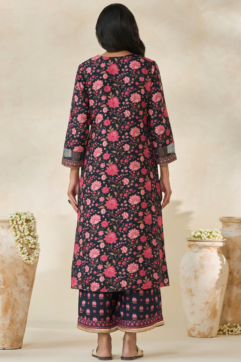 Black Printed Straight Dola Silk Kurta
