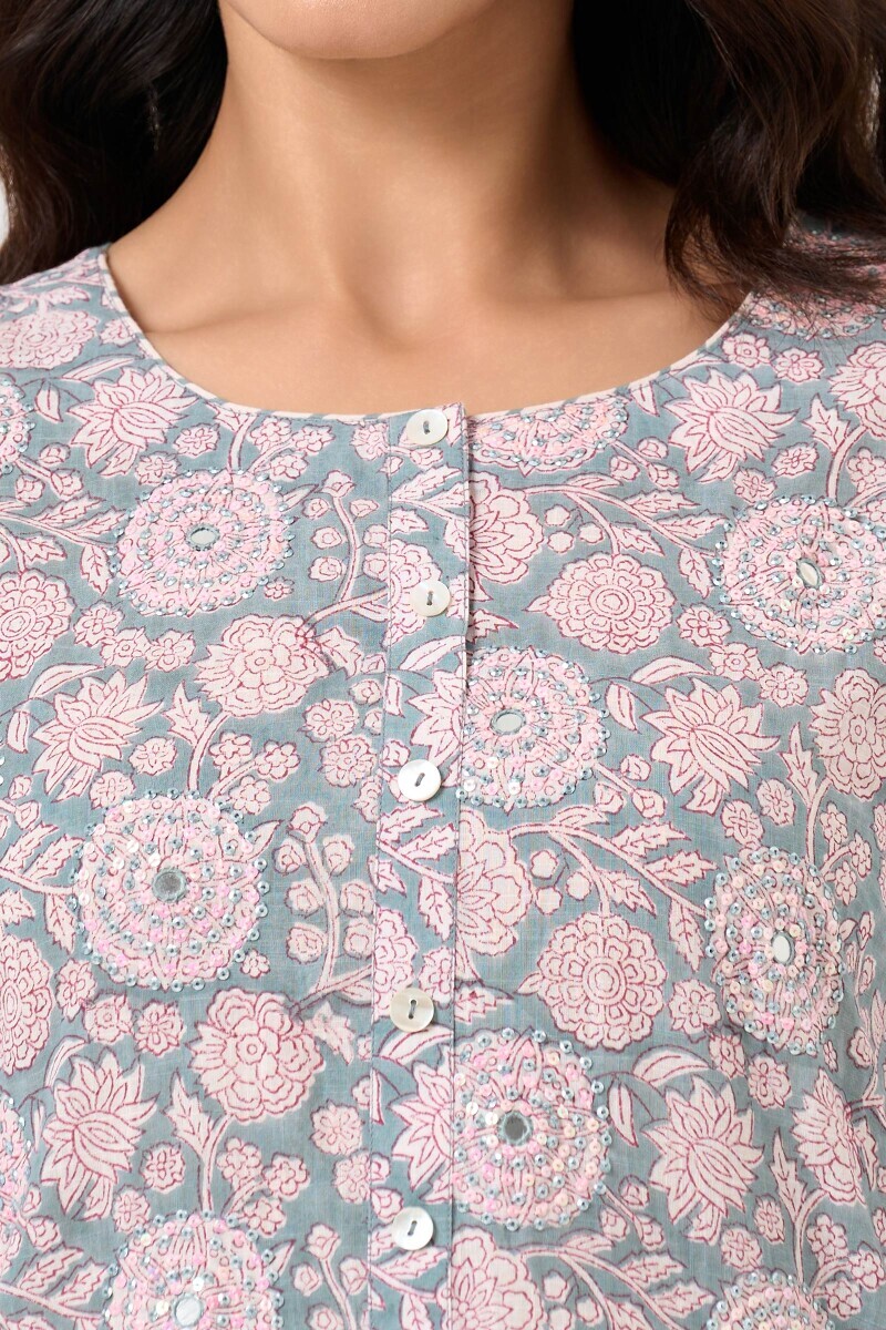Grey Hand Block Printed Straight Cotton Kurta