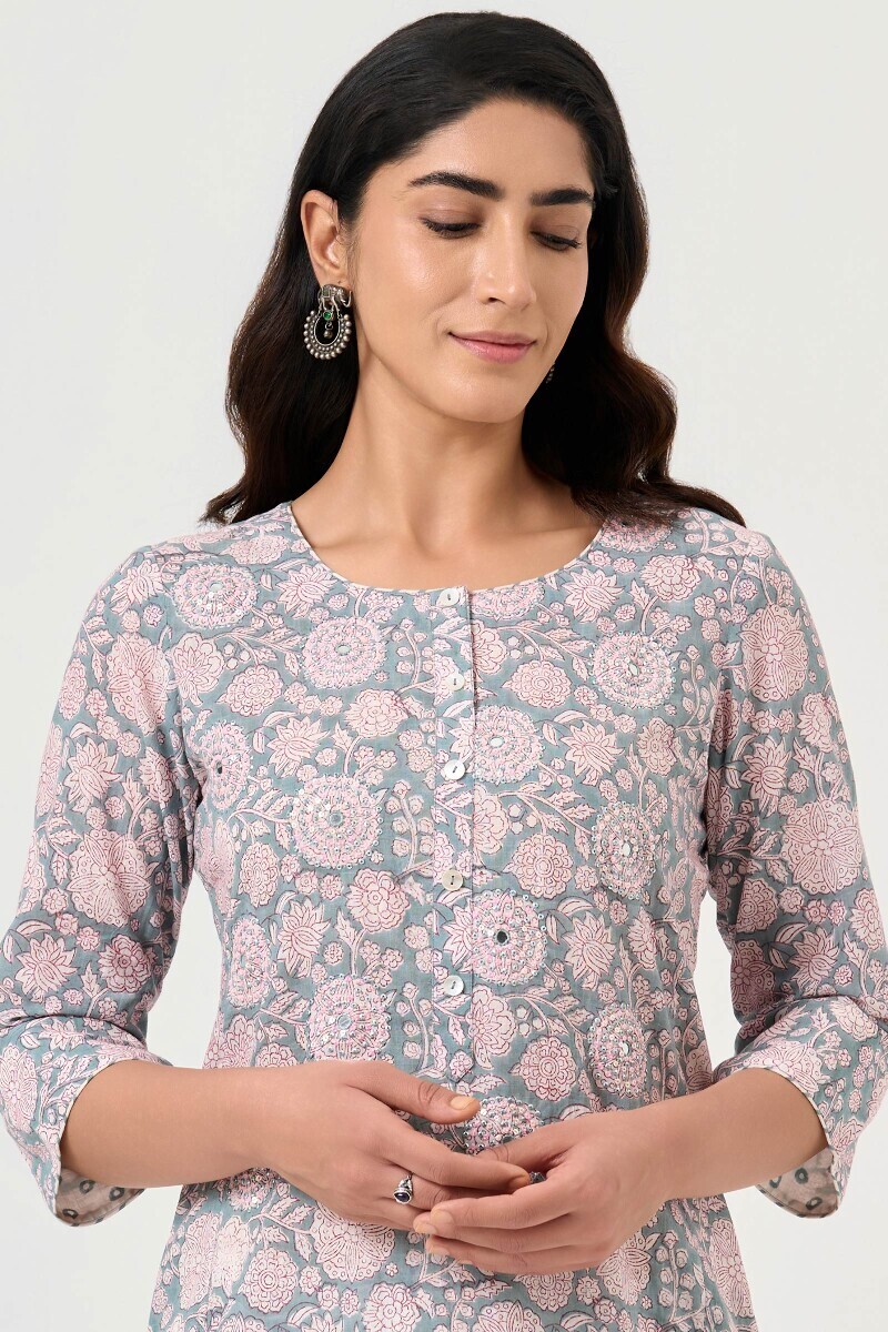 Grey Hand Block Printed Straight Cotton Kurta