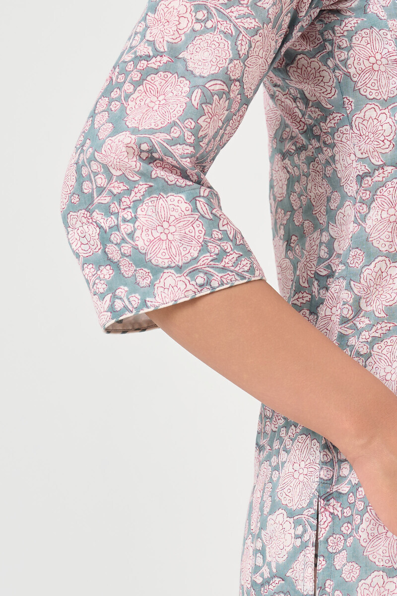 Grey Hand Block Printed Straight Cotton Kurta