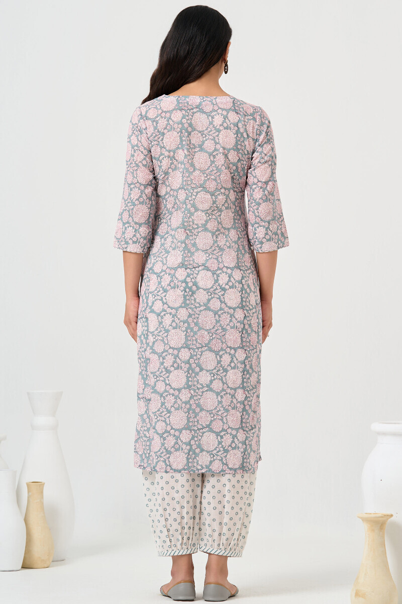 Grey Hand Block Printed Straight Cotton Kurta