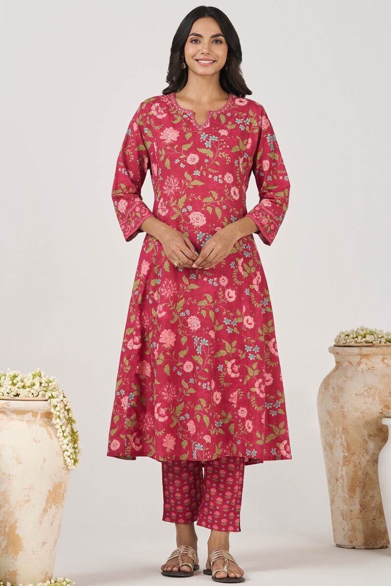Pink Printed A-Line Cotton Kurta