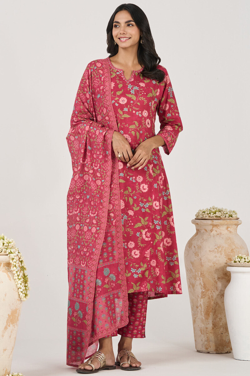 Pink Printed A-Line Cotton Kurta