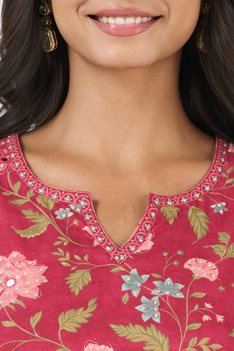 Pink Printed A-Line Cotton Kurta