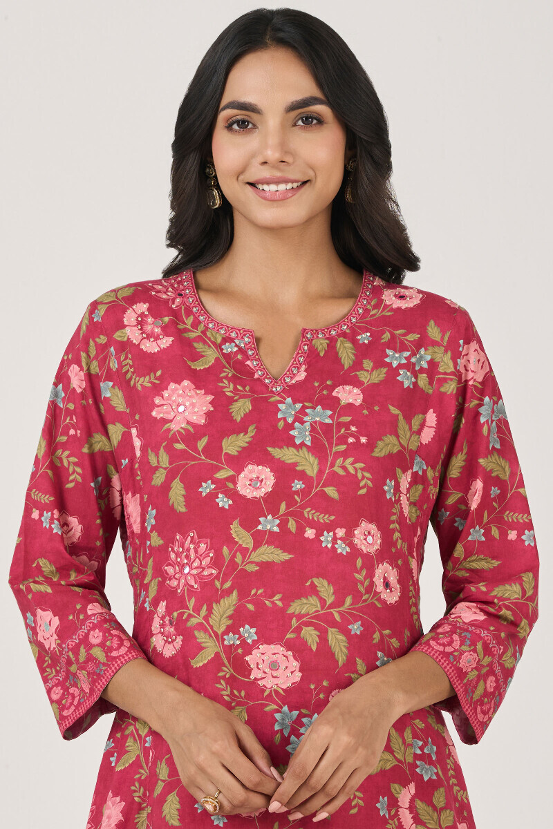 Pink Printed A-Line Cotton Kurta