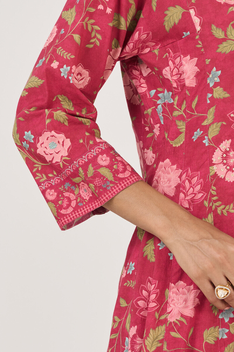 Pink Printed A-Line Cotton Kurta