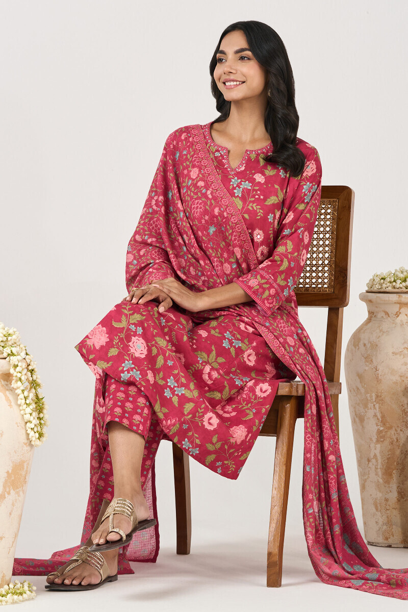 Pink Printed A-Line Cotton Kurta