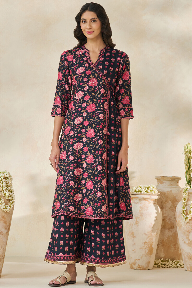 Black Printed Angrakha Dola Silk Kurta