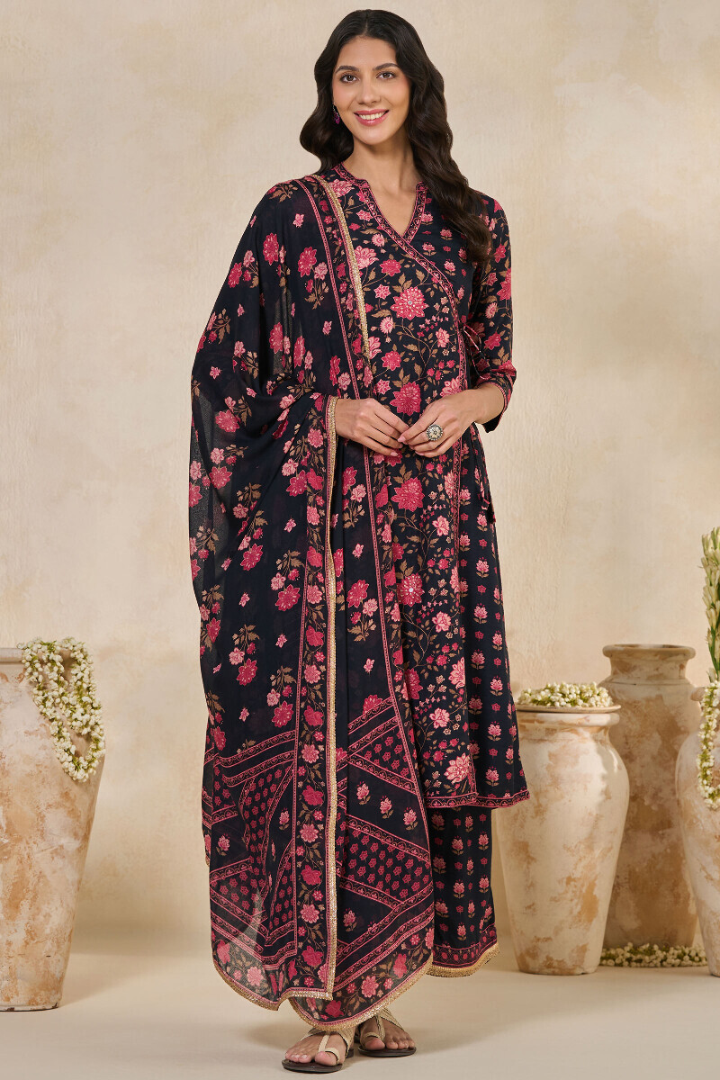 Black Printed Angrakha Dola Silk Kurta