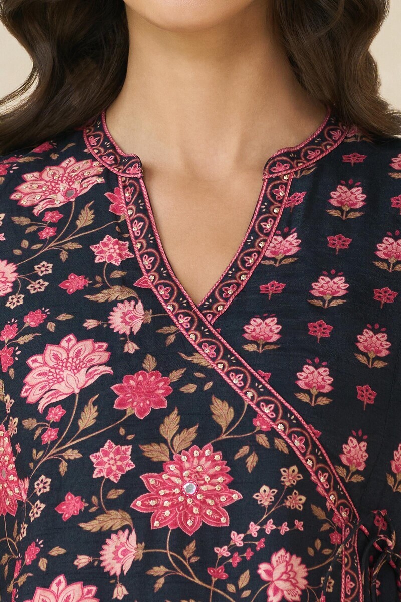 Black Printed Angrakha Dola Silk Kurta
