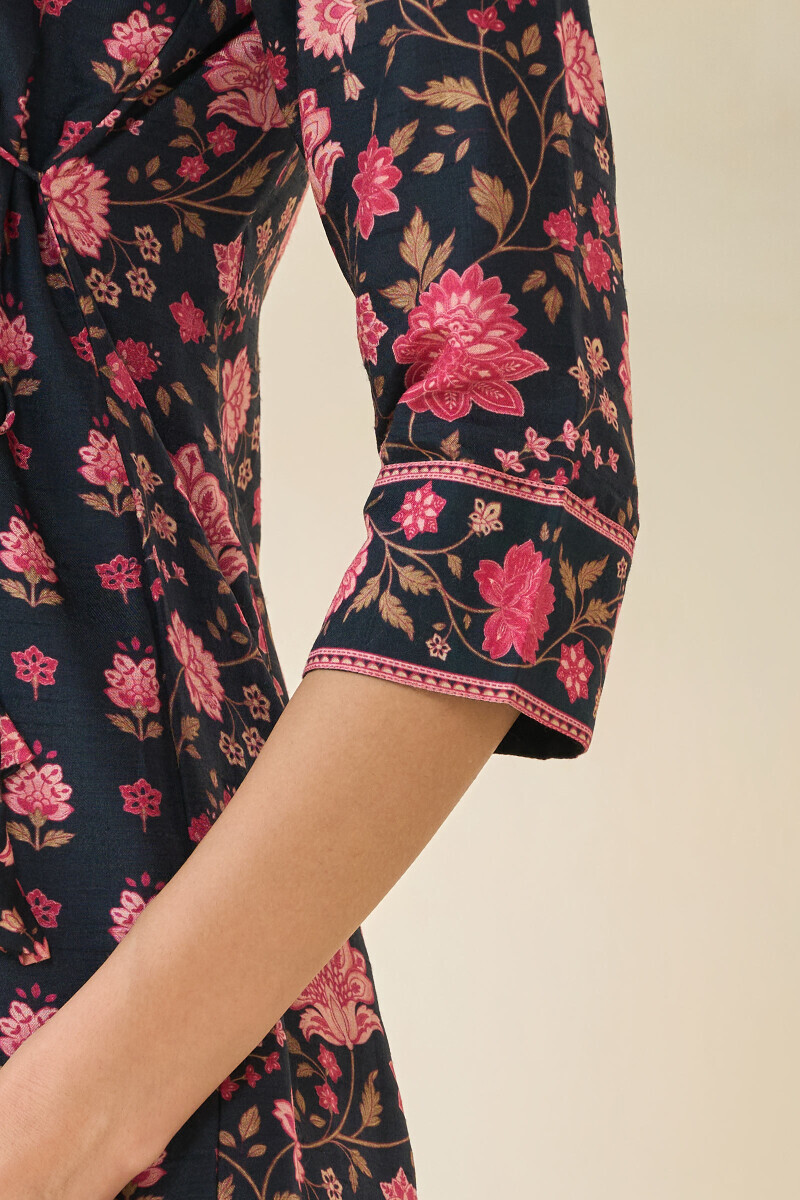 Black Printed Angrakha Dola Silk Kurta