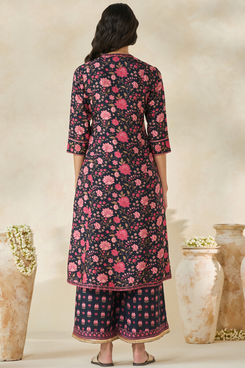 Black Printed Angrakha Dola Silk Kurta