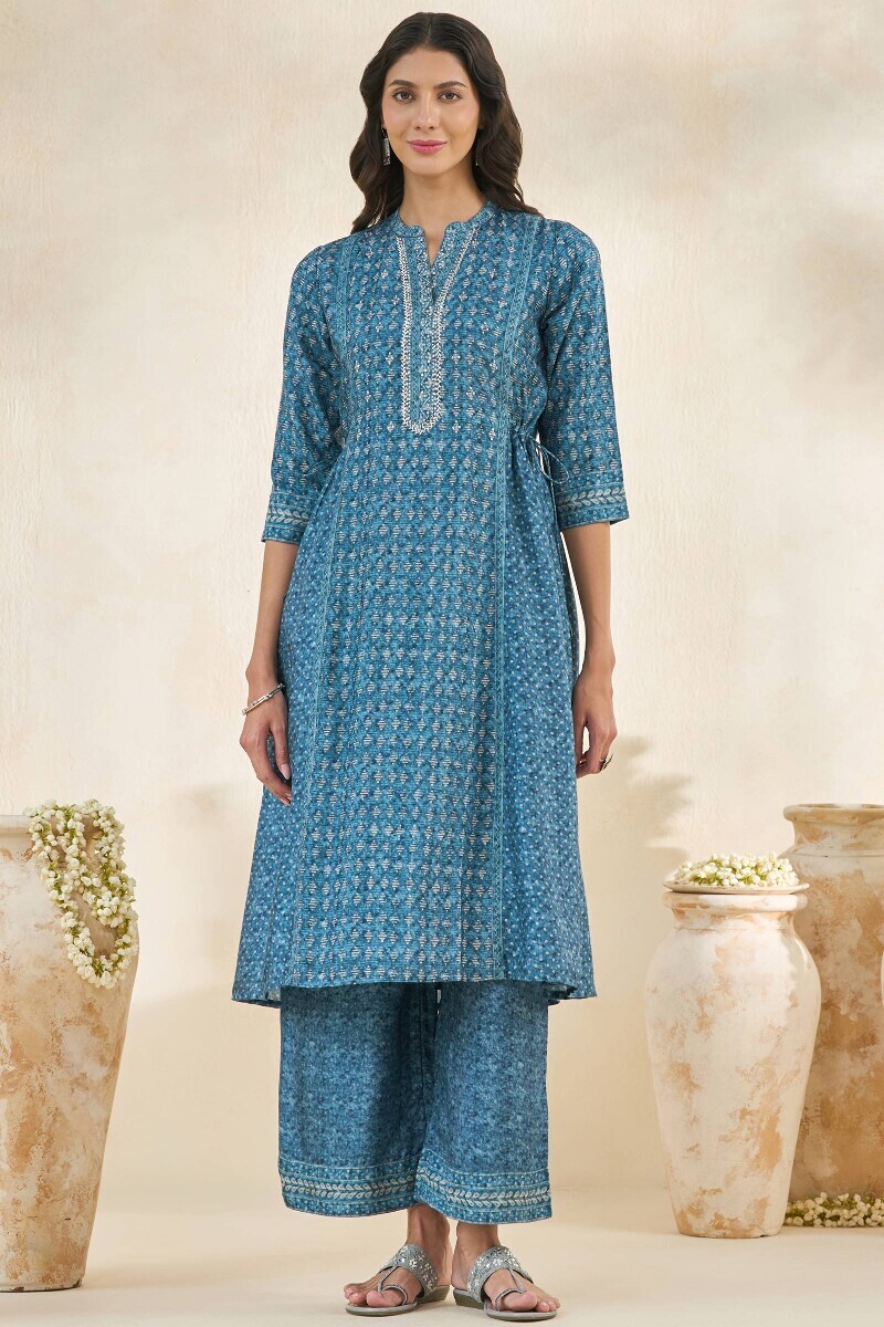 Blue Printed A-Line Dola Silk Kurta