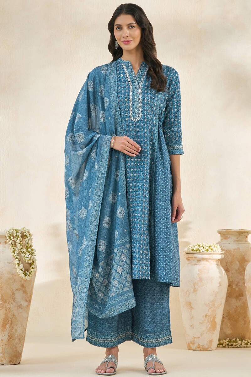 Blue Printed A-Line Dola Silk Kurta