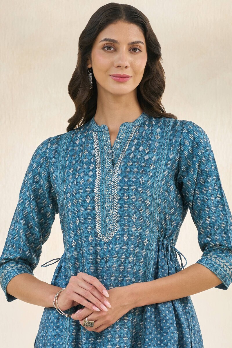 Blue Printed A-Line Dola Silk Kurta