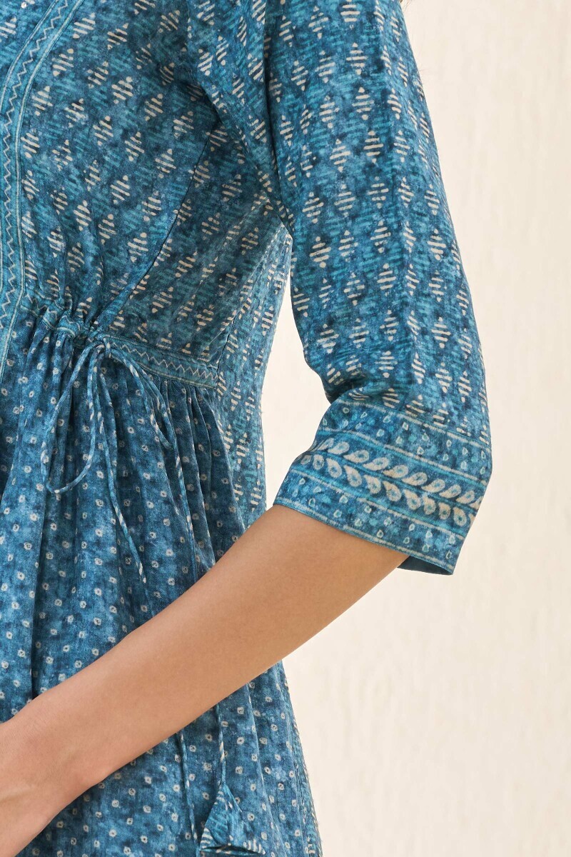Blue Printed A-Line Dola Silk Kurta