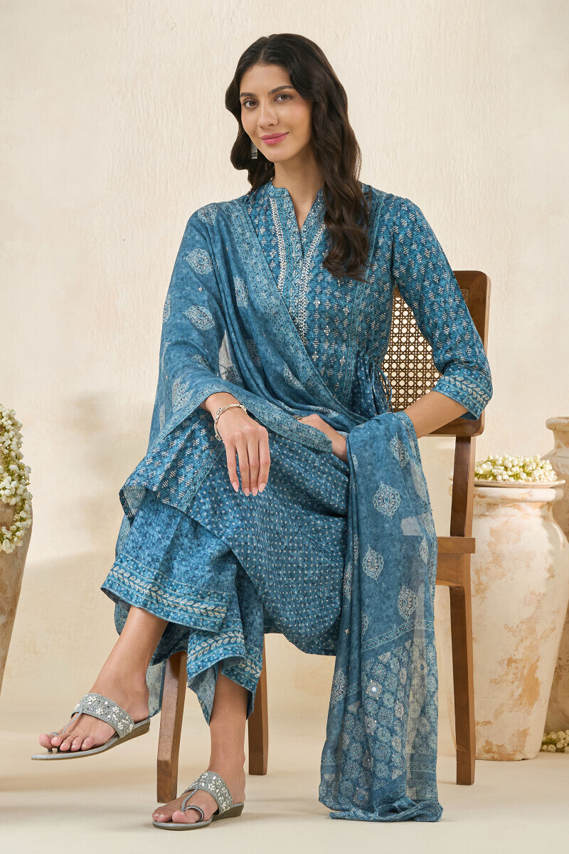 Blue Printed A-Line Dola Silk Kurta