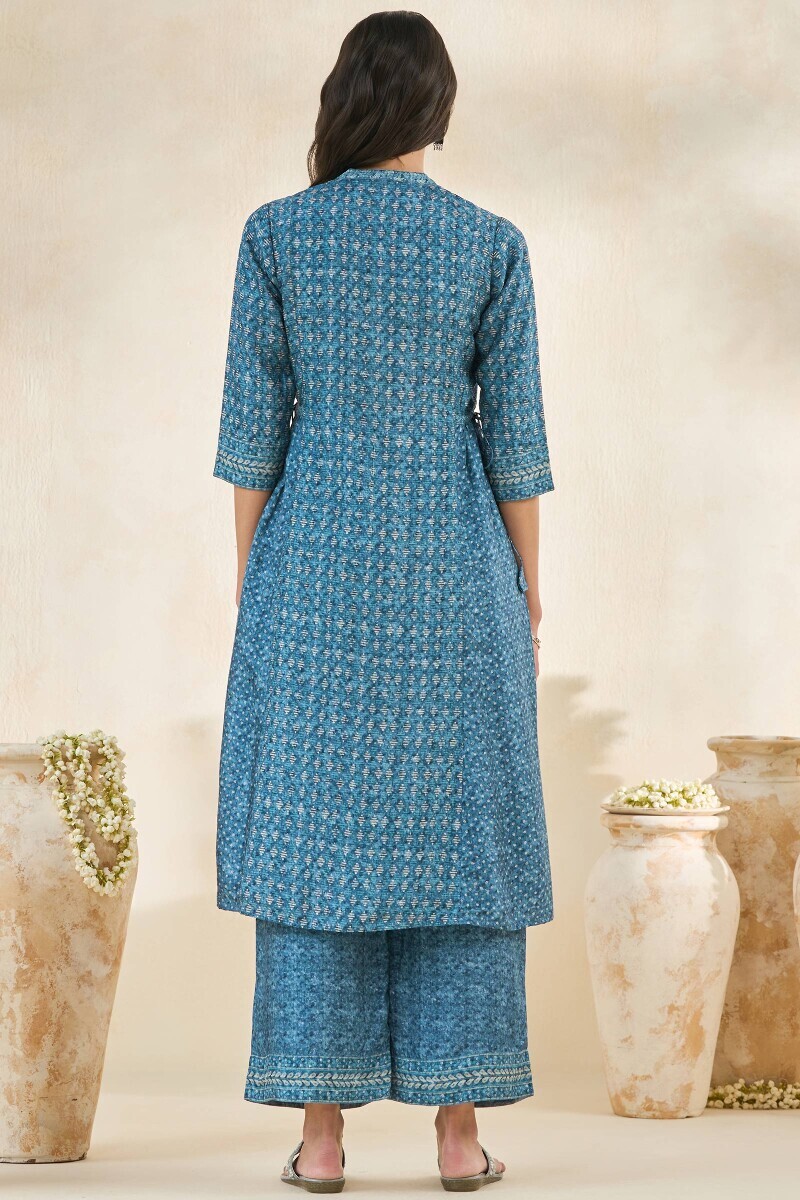 Blue Printed A-Line Dola Silk Kurta