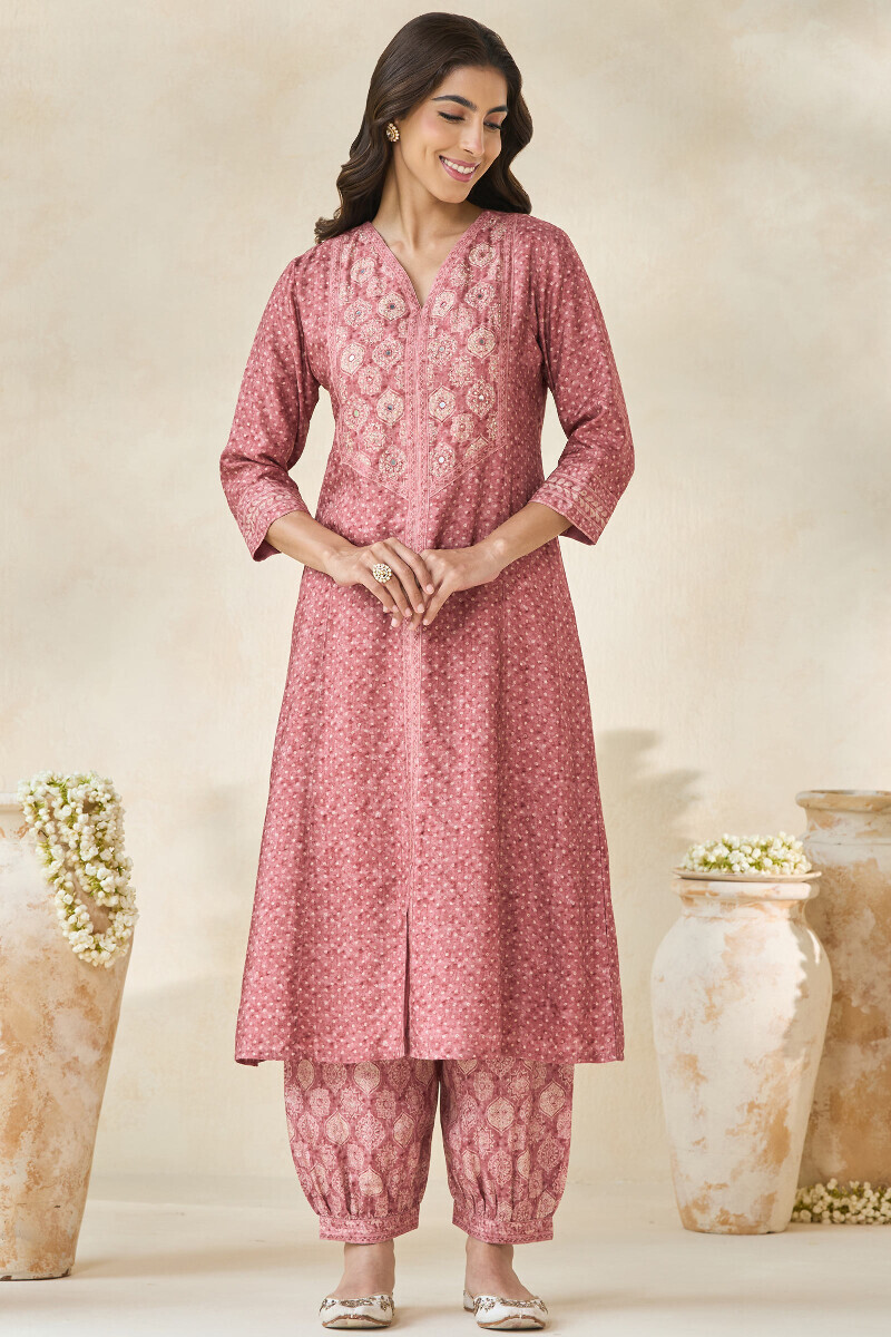 Pink Printed A-Line Dola Silk Kurta