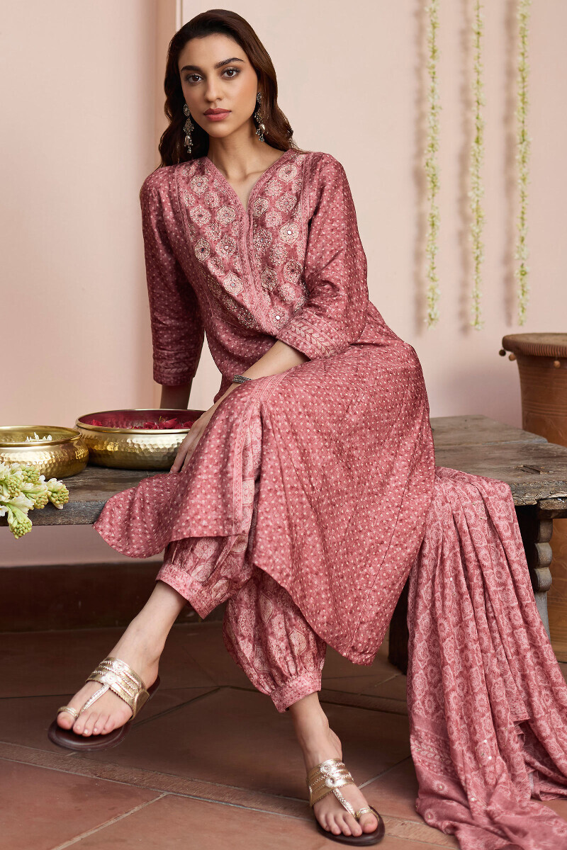 Pink Printed A-Line Dola Silk Kurta