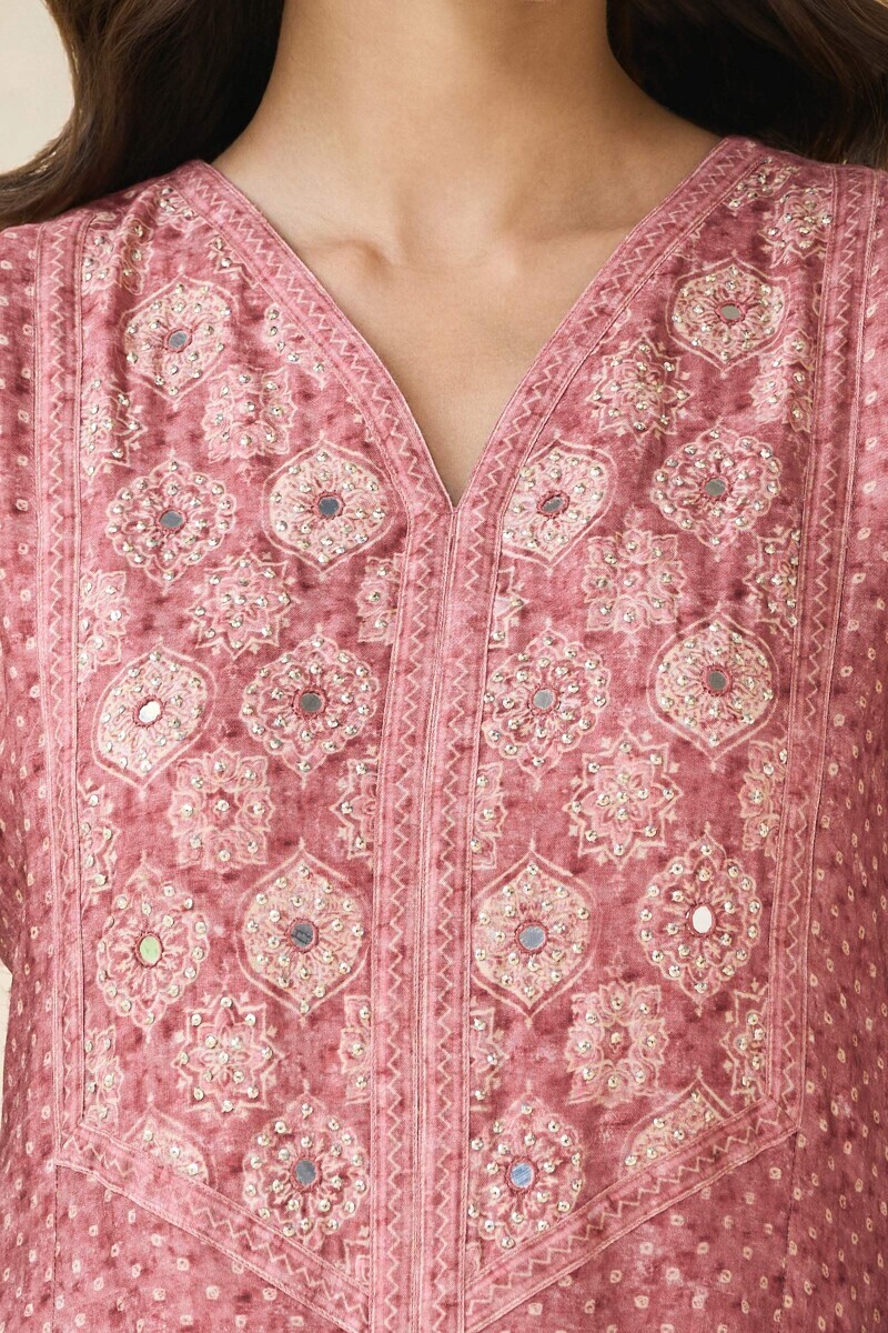 Pink Printed A-Line Dola Silk Kurta